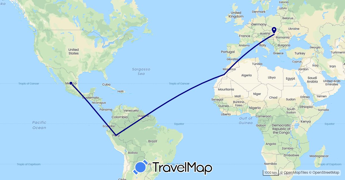 TravelMap itinerary: driving in Hungary, Morocco, Mexico, Peru (Africa, Europe, North America, South America)